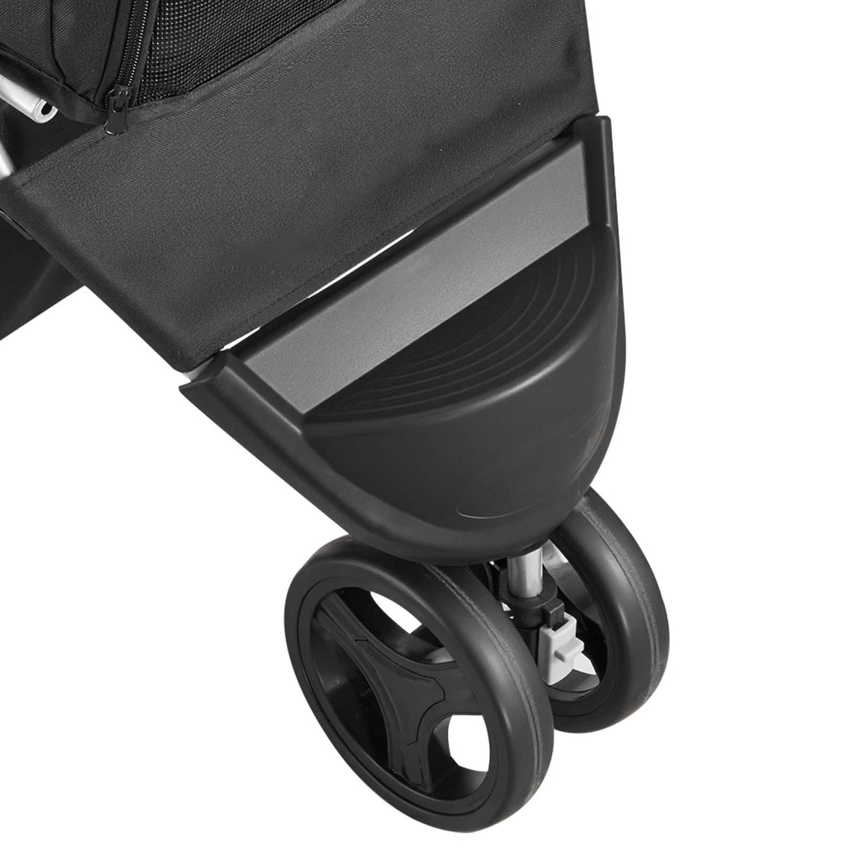 Lower storage basket and front wheel detail