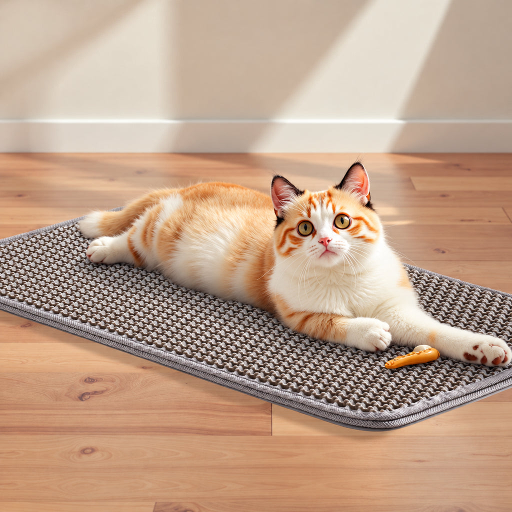 Orange and white cat resting on a gray double-layer cat litter mat on a wooden floor