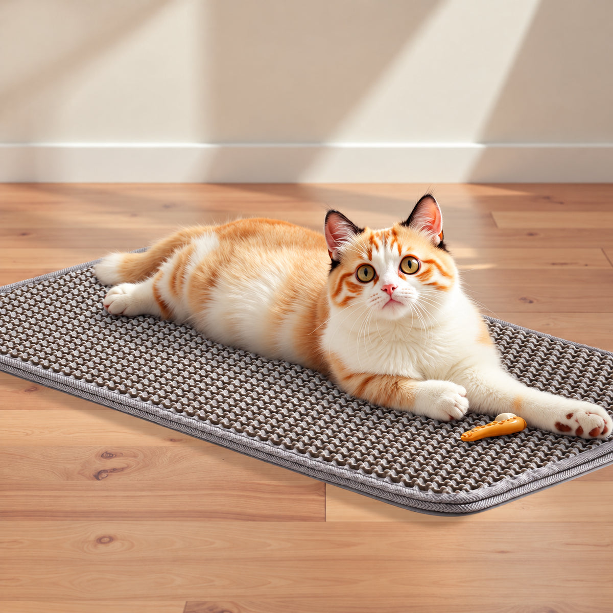 Orange and white cat resting on a gray double-layer cat litter mat on a wooden floor