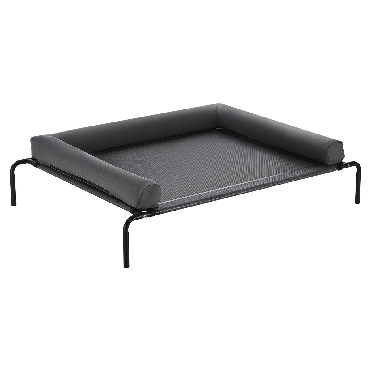 Gray XL elevated dog cot with U-shaped pillow and black steel frame