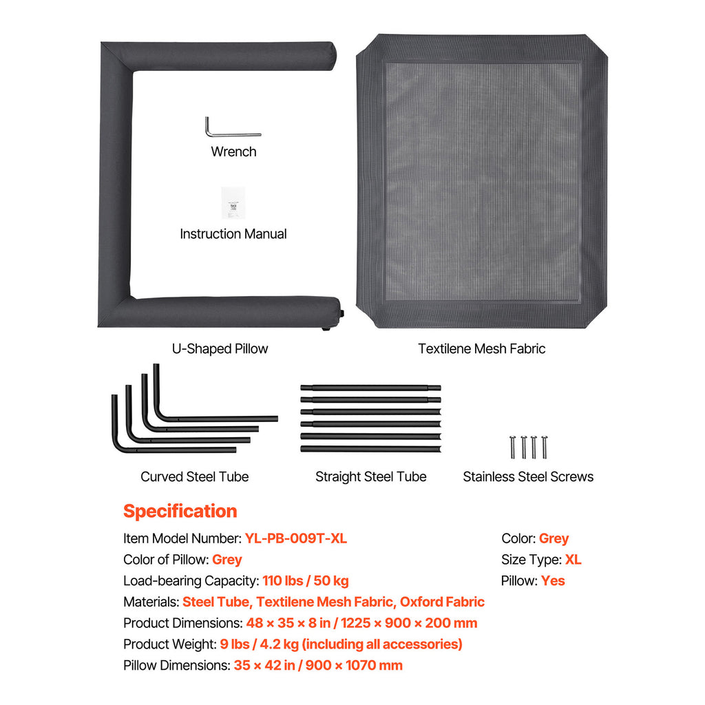 Included cot parts, U-shaped pillow, assembly hardware and model specifications