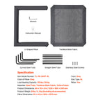 Included cot parts, U-shaped pillow, assembly hardware and model specifications