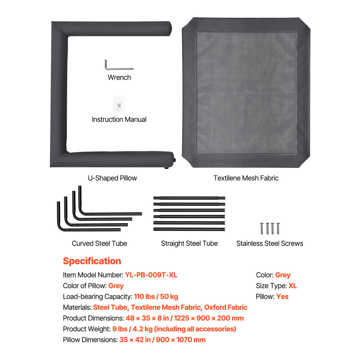 Included cot parts, U-shaped pillow, assembly hardware and model specifications