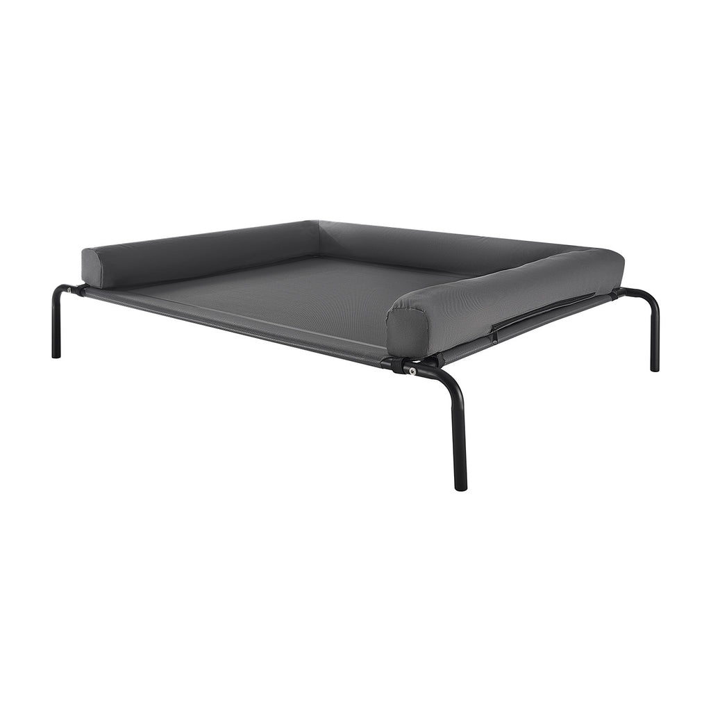 Side view of gray raised dog bed with three-sided pillow