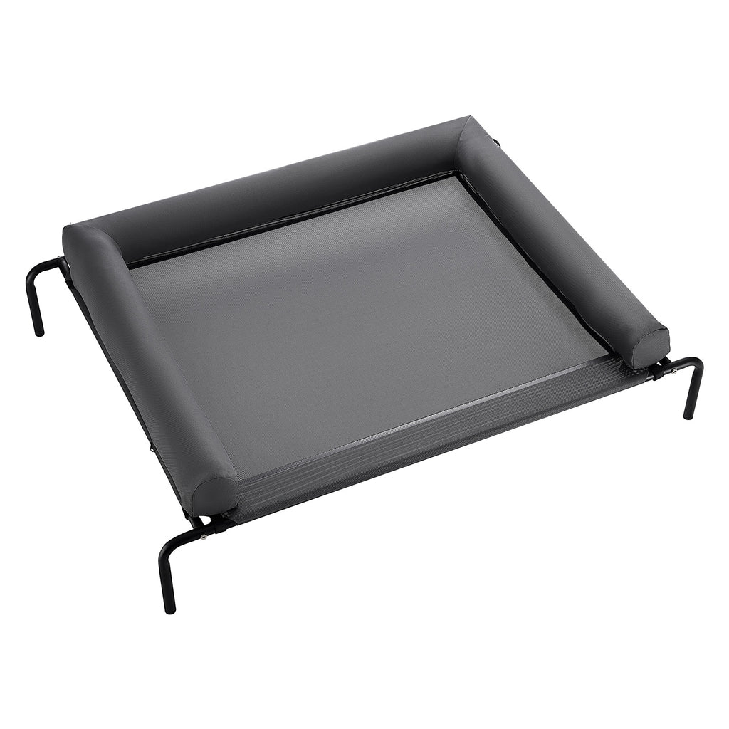 Angled top view of gray mesh dog cot with removable pillow