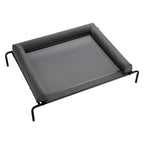 Angled top view of gray mesh dog cot with removable pillow