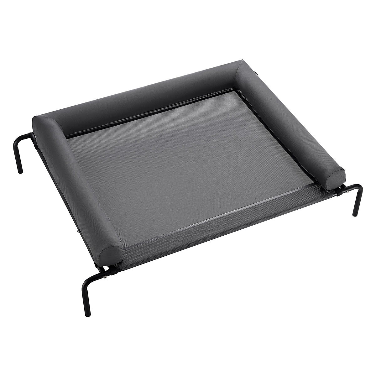 Angled top view of gray mesh dog cot with removable pillow