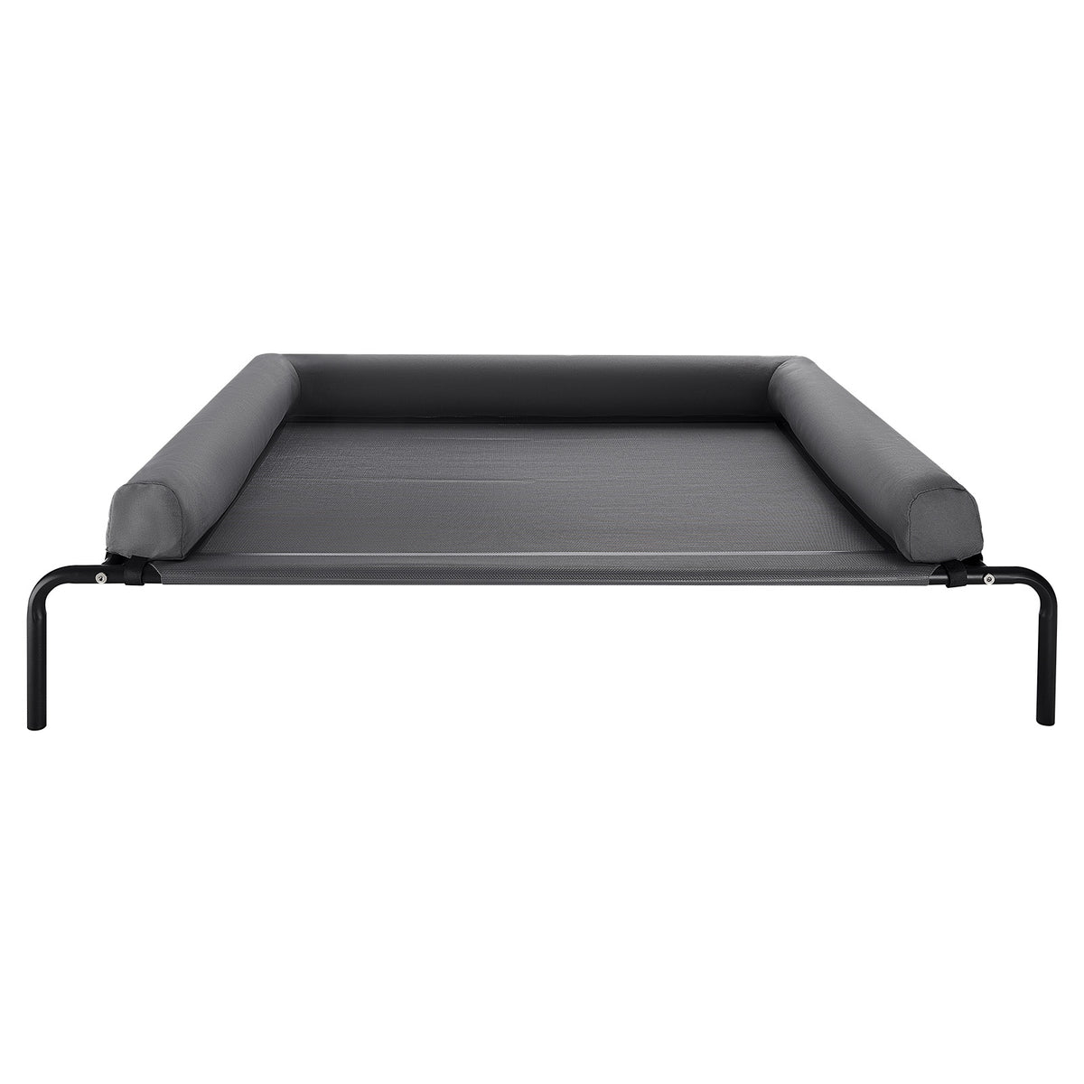 Front view of gray elevated dog cot with open entry