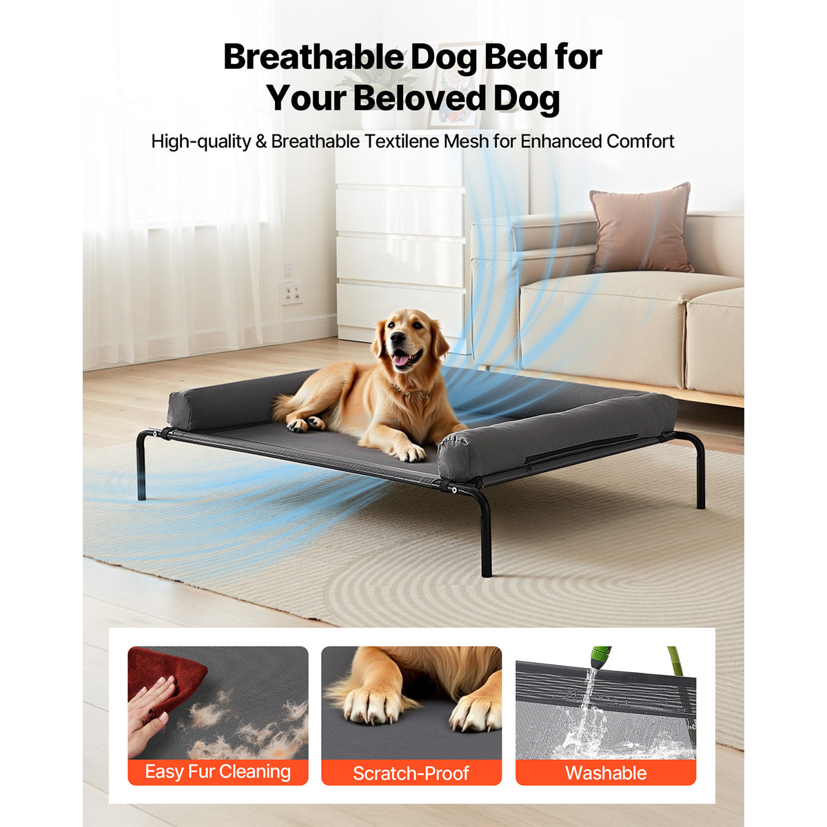 Breathable Textilene mesh dog bed with cleaning and fabric details