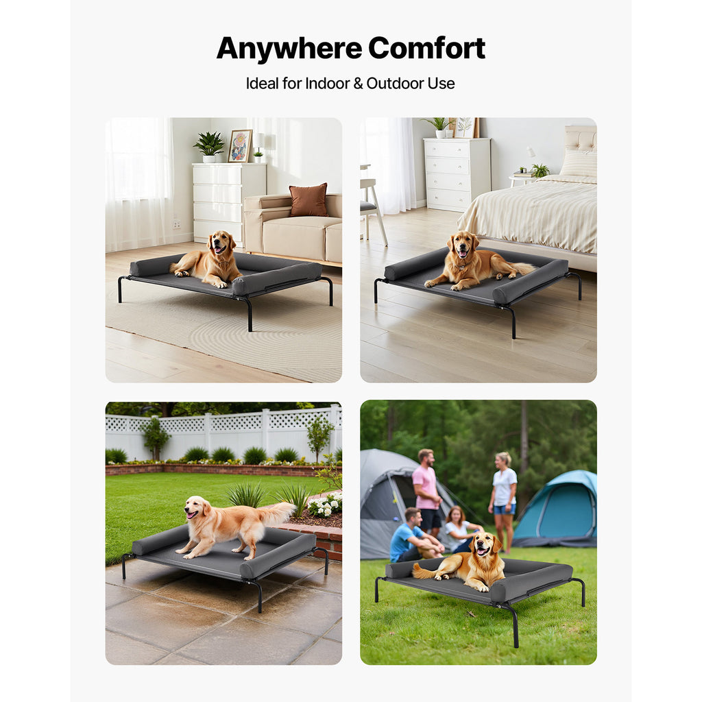 Gray elevated dog cot shown indoors, in a yard and at a campsite