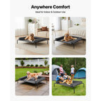 Gray elevated dog cot shown indoors, in a yard and at a campsite