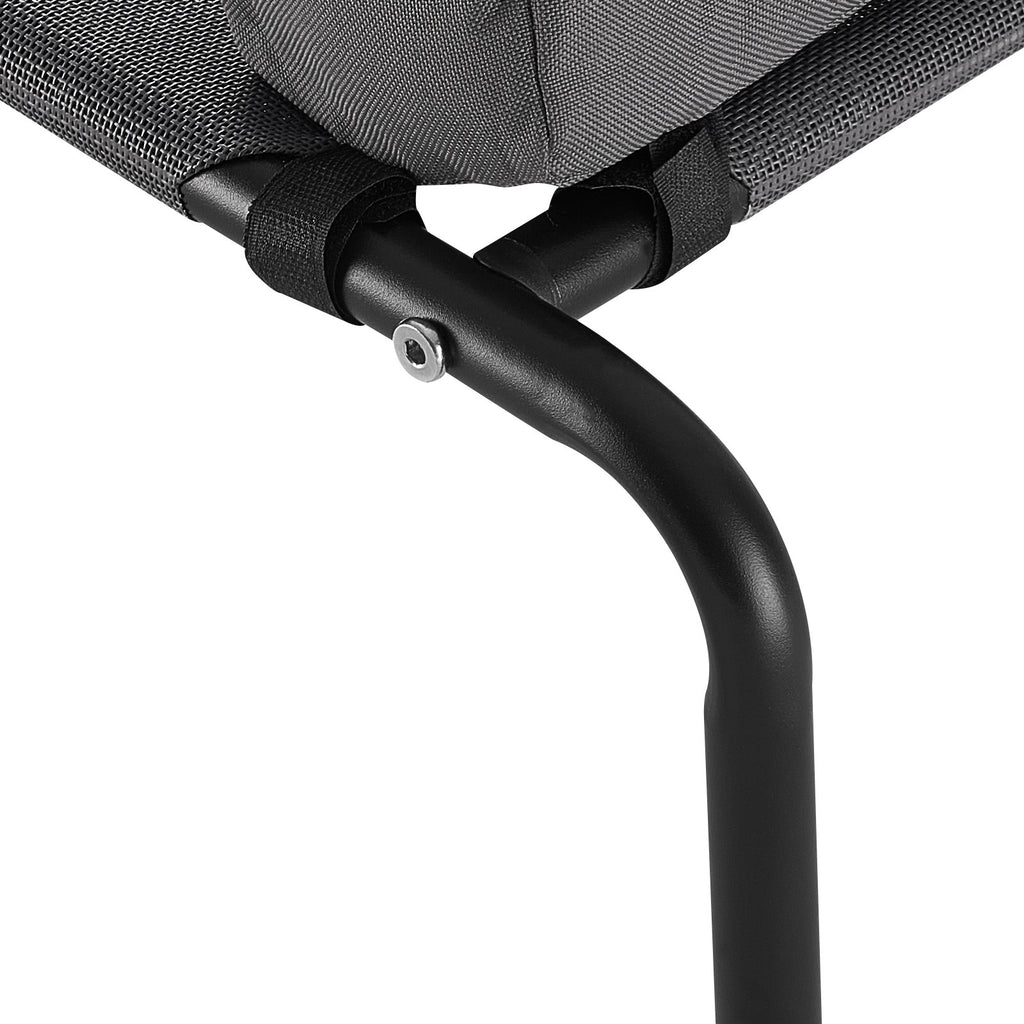 Steel leg and frame connection on gray elevated dog cot