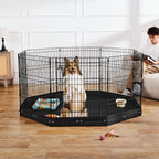 Black eight-panel metal dog playpen with Oxford floor mat and a dog in a living room