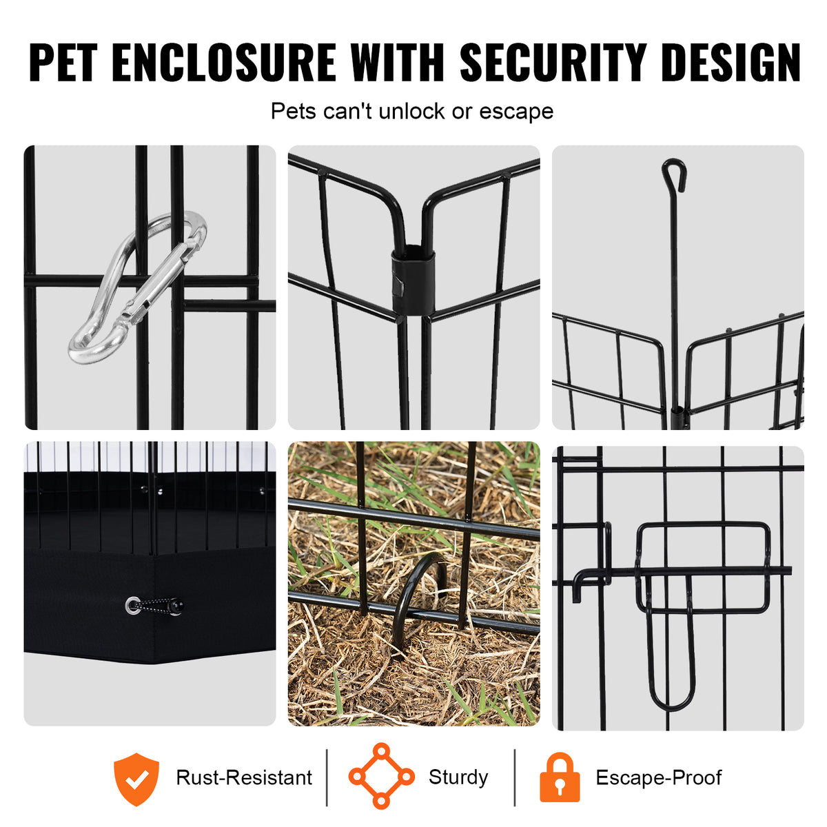 30-Inch 8-Panel Dog Playpen with Mat — door latches and anchoring details