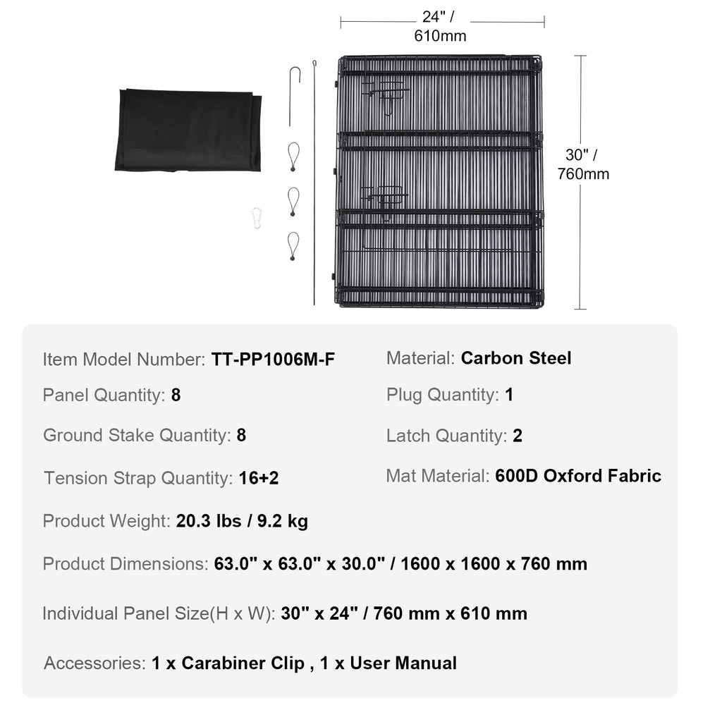 30-Inch 8-Panel Dog Playpen with Mat — panel dimensions and components