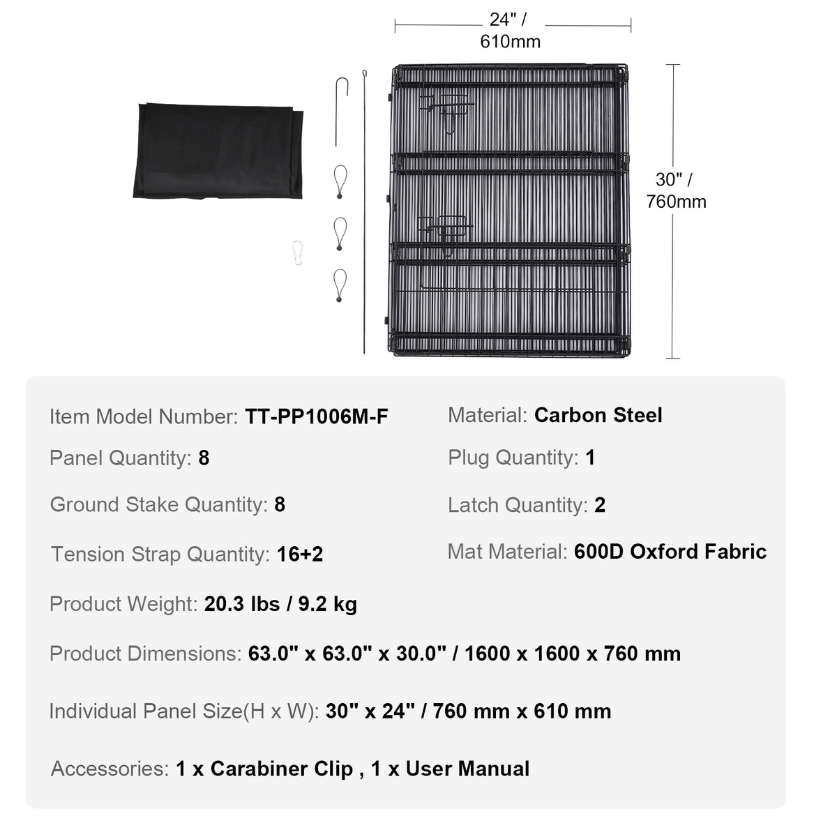 30-Inch 8-Panel Dog Playpen with Mat — panel dimensions and components