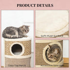 Khaki and brown barrel cat condo — plush interior and den openings