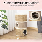 Khaki and brown barrel cat condo — connected den layout
