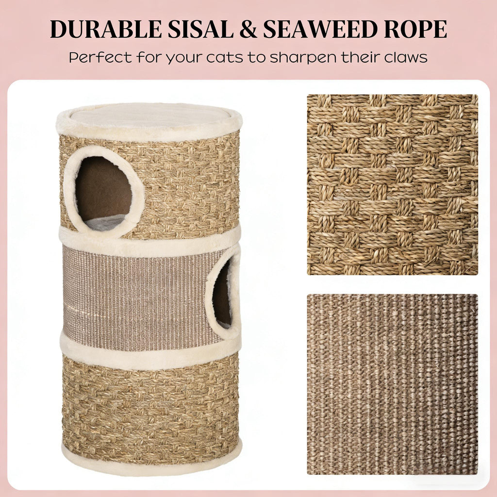 Khaki and brown barrel cat condo — sisal and seaweed scratching surface