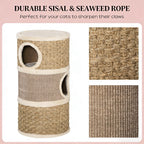Khaki and brown barrel cat condo — sisal and seaweed scratching surface