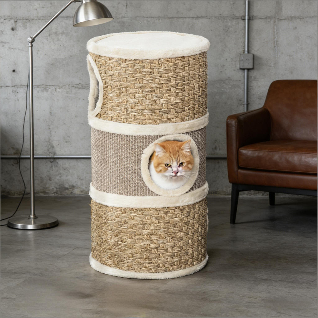 Khaki and brown barrel cat condo — room placement