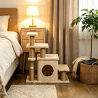 Beige adjustable cat stairs beside a bed
