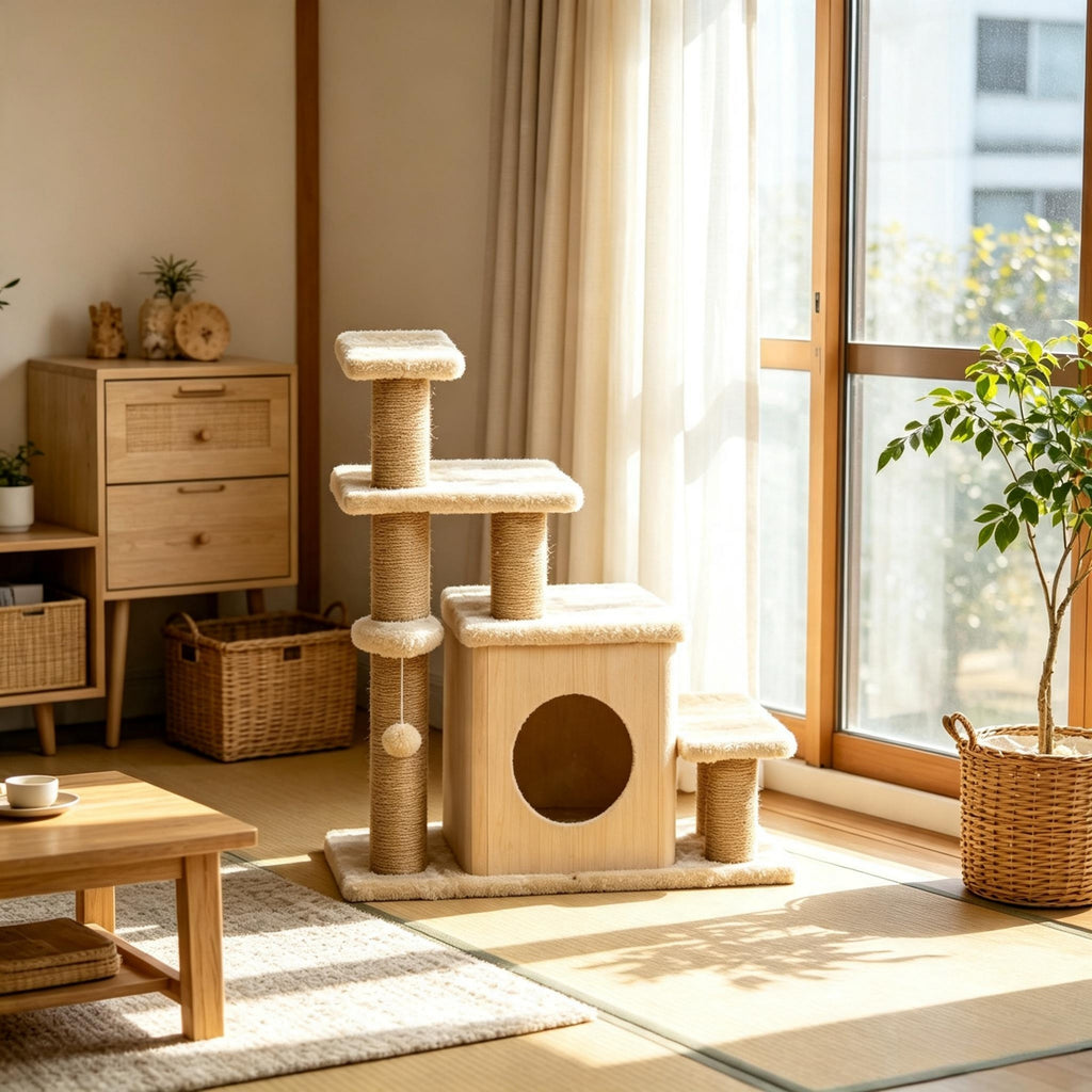 Cat stairs beside a sofa