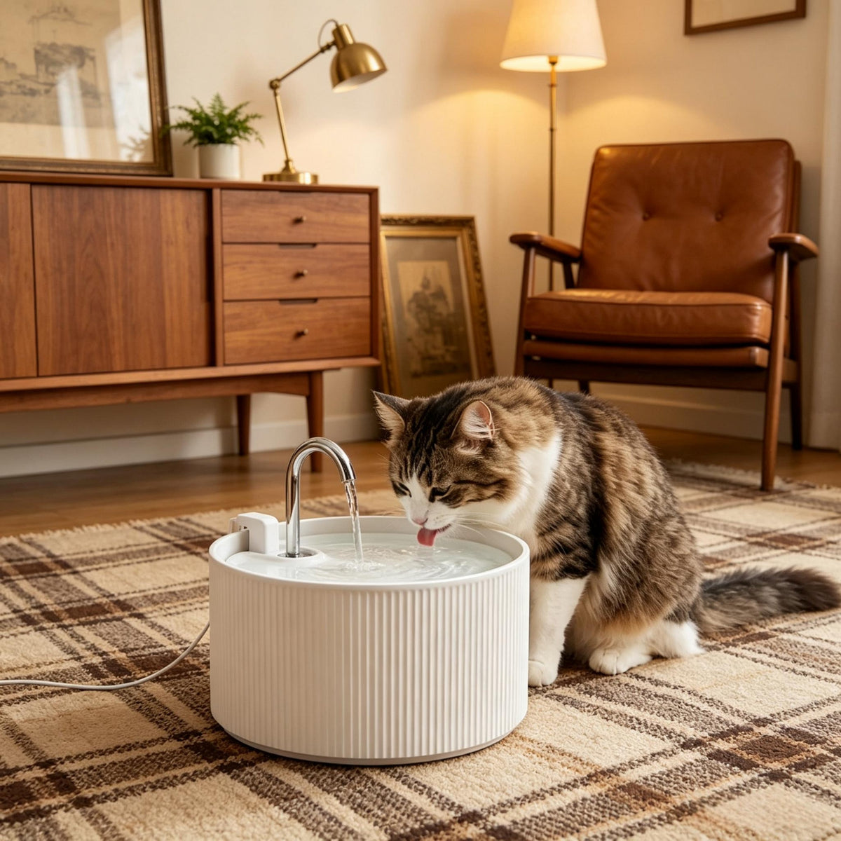 2.2L Ceramic Cat Water Fountain — cat drinking from faucet outlet