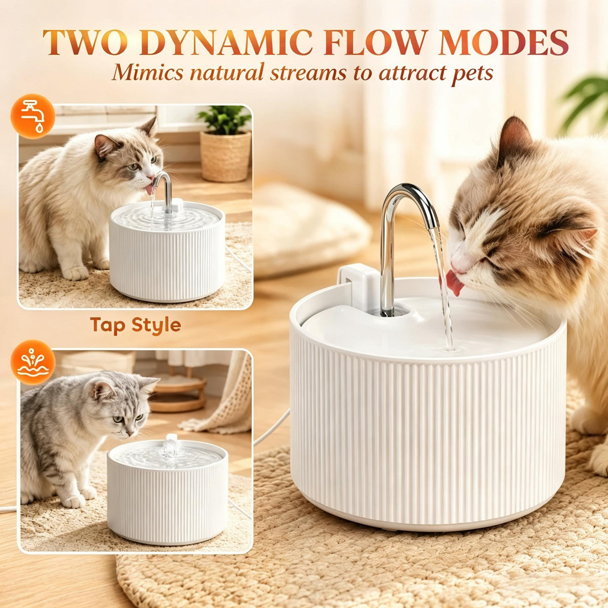 2.2L Ceramic Cat Water Fountain — faucet and bubbling flow styles