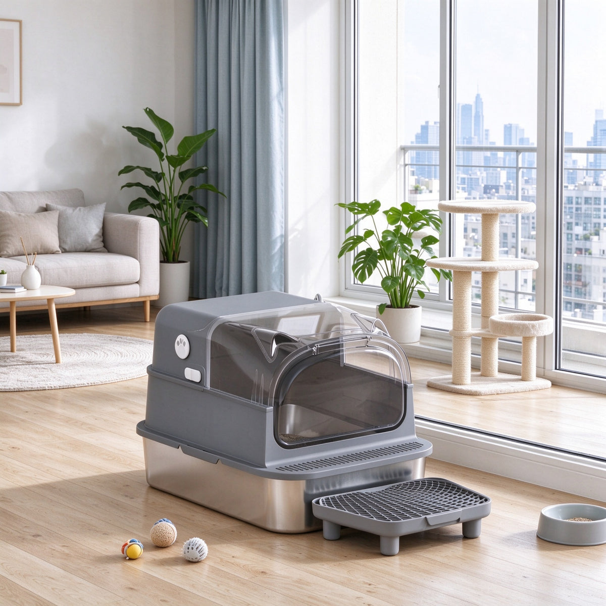 Enclosed Stainless Steel Cat Litter Box — in a living room Main image