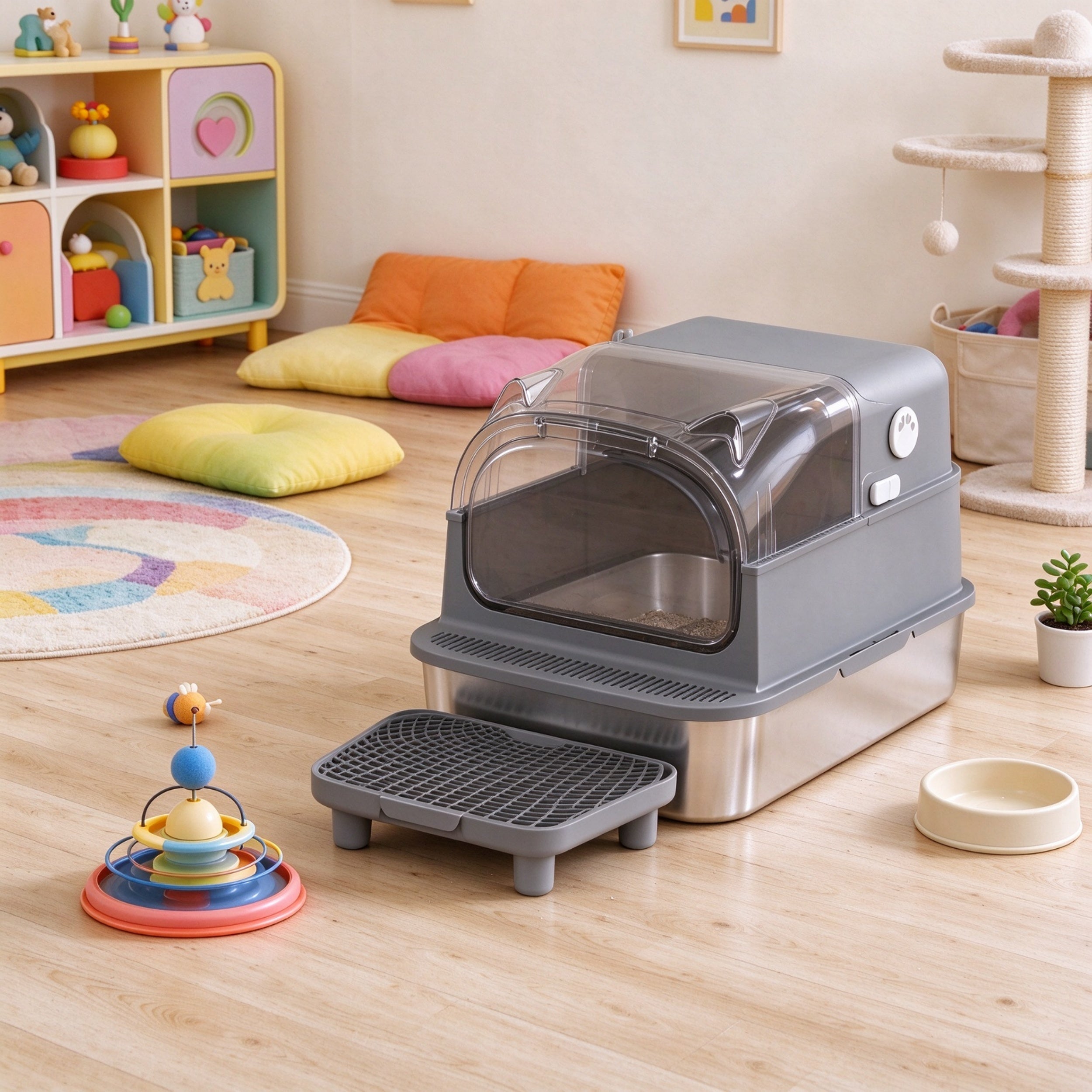 Enclosed Stainless Steel Cat Litter Box with Flip Lid & Step T3971P611941 Secondary image