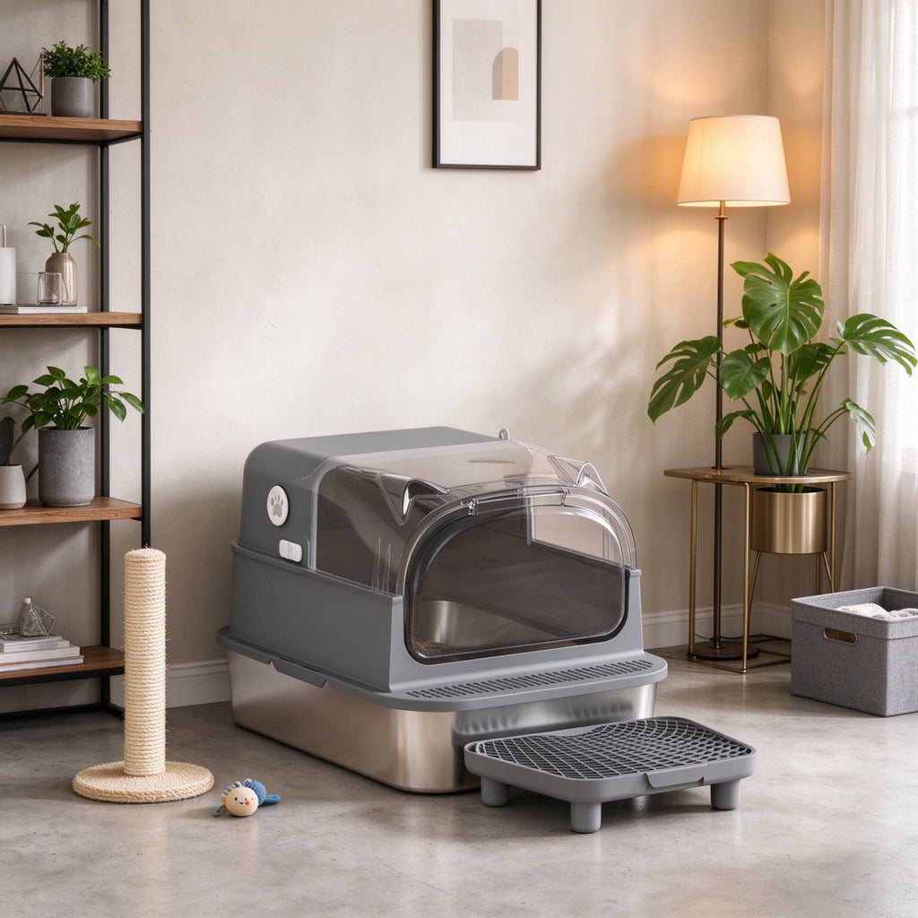 Enclosed Stainless Steel Cat Litter Box — enclosed litter area