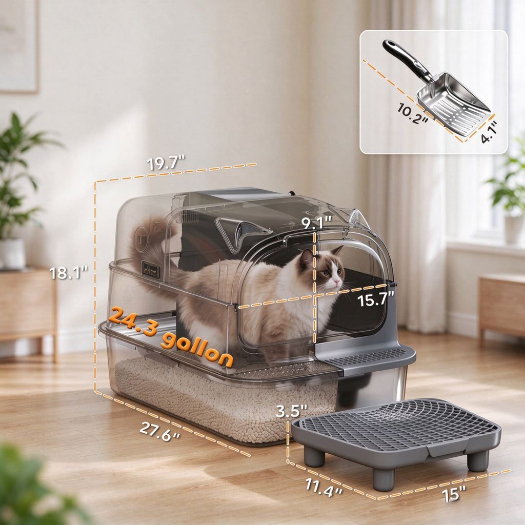 Enclosed Stainless Steel Cat Litter Box — dimensions and included scoop