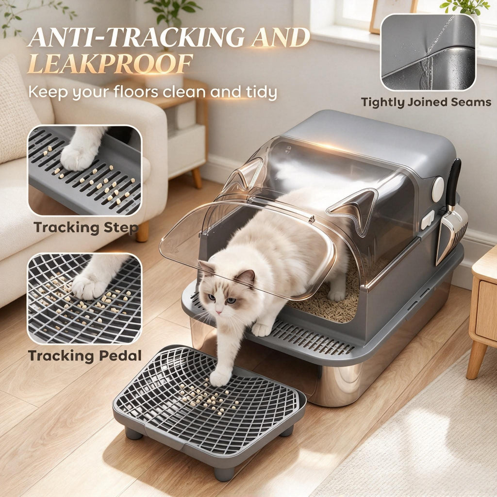 Enclosed Stainless Steel Cat Litter Box — tracking pedal and step