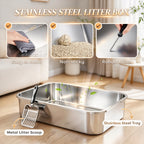 Enclosed Stainless Steel Cat Litter Box — stainless steel tray and scoop