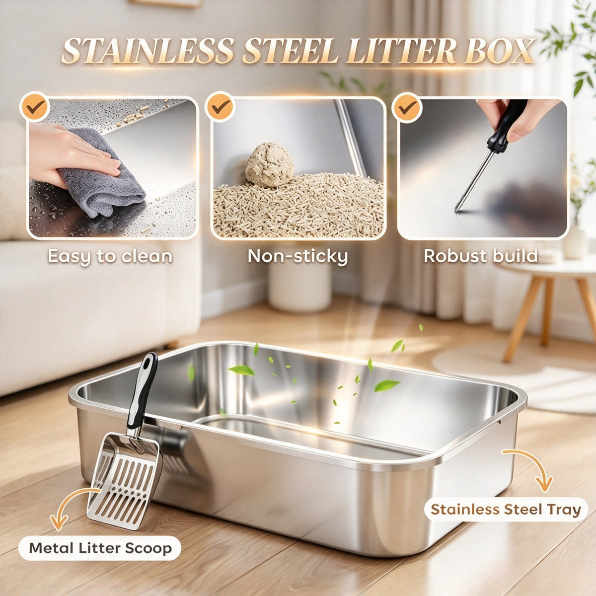 Enclosed Stainless Steel Cat Litter Box — stainless steel tray and scoop