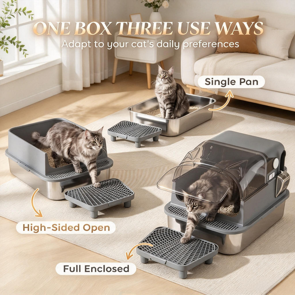 Enclosed Stainless Steel Cat Litter Box — three lid configurations