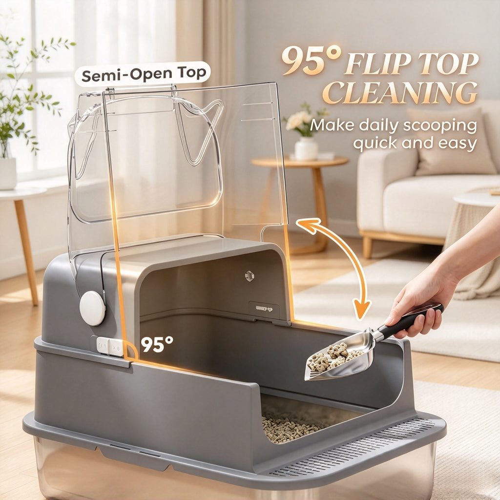 Enclosed Stainless Steel Cat Litter Box — flip-top lid opening
