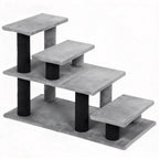 Gray four-step pet stairs with scratching posts on a white background