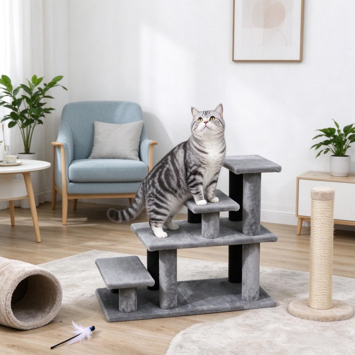 Gray plush pet stairs in a living room