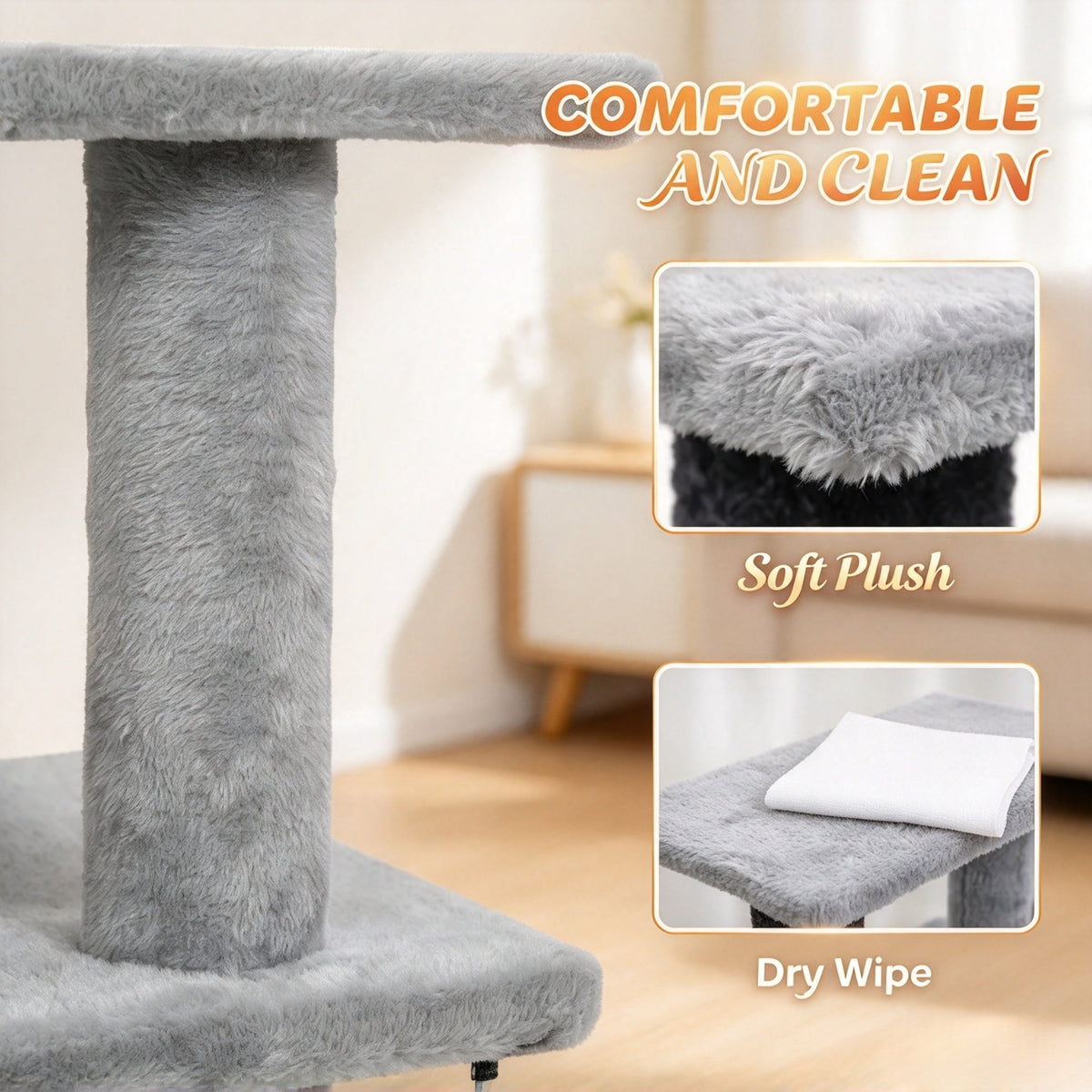 Plush covering and dry-wipe care details on gray pet stairs