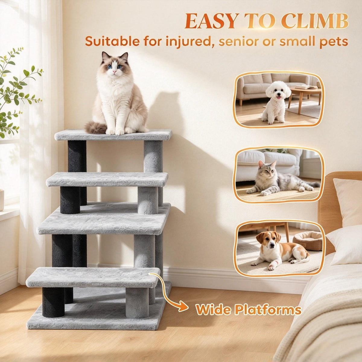 Wide platforms on gray pet stairs