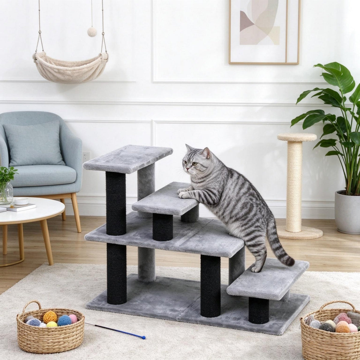 Cat standing on gray modular pet stairs