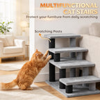 Cat scratching a black post on gray modular pet stairs