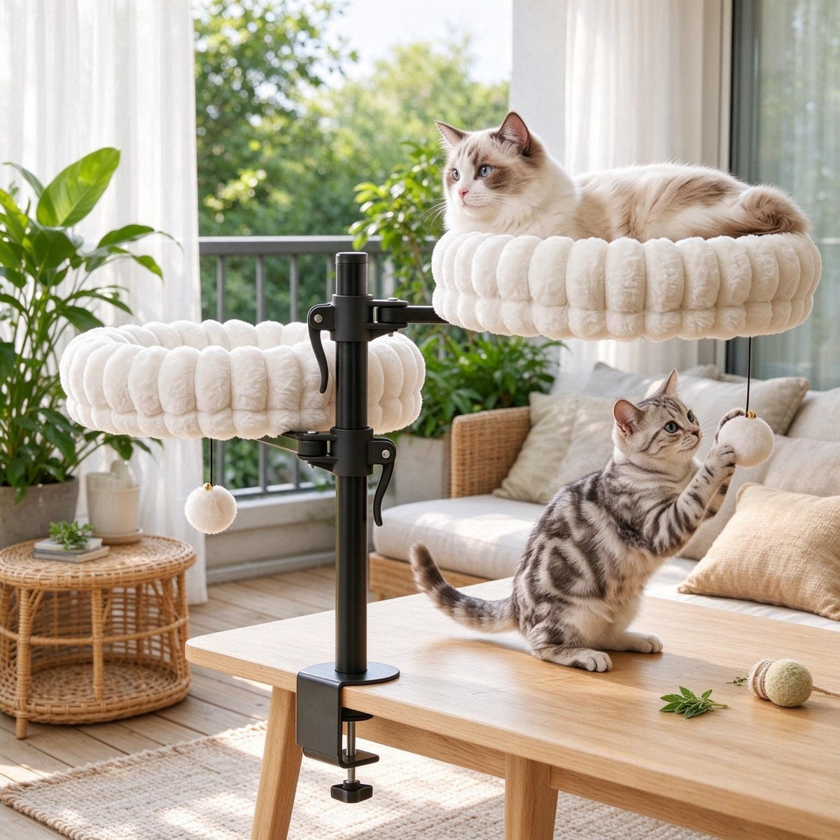 Dual Cat Desk Hammock with Clamp — clamped to a desk with cats