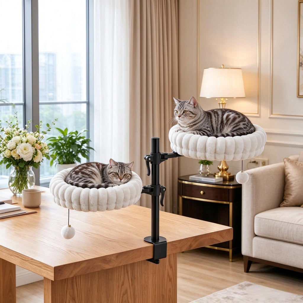 Dual Cat Desk Hammock with Clamp — two cats resting beside a desk