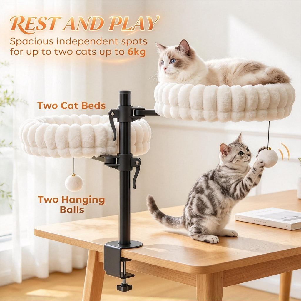 Dual Cat Desk Hammock with Clamp — two resting beds and hanging toys