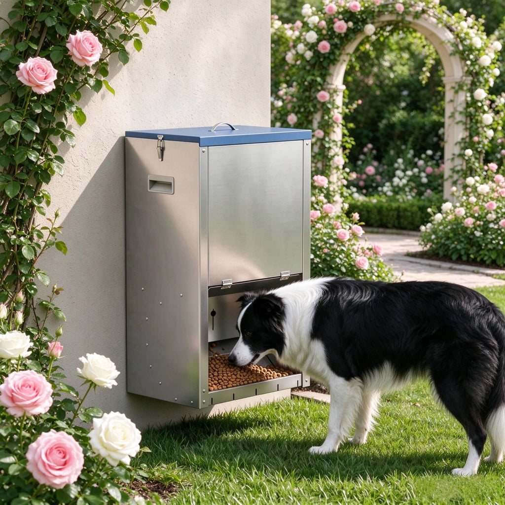 Galvanized gravity dog feeder — garden placement