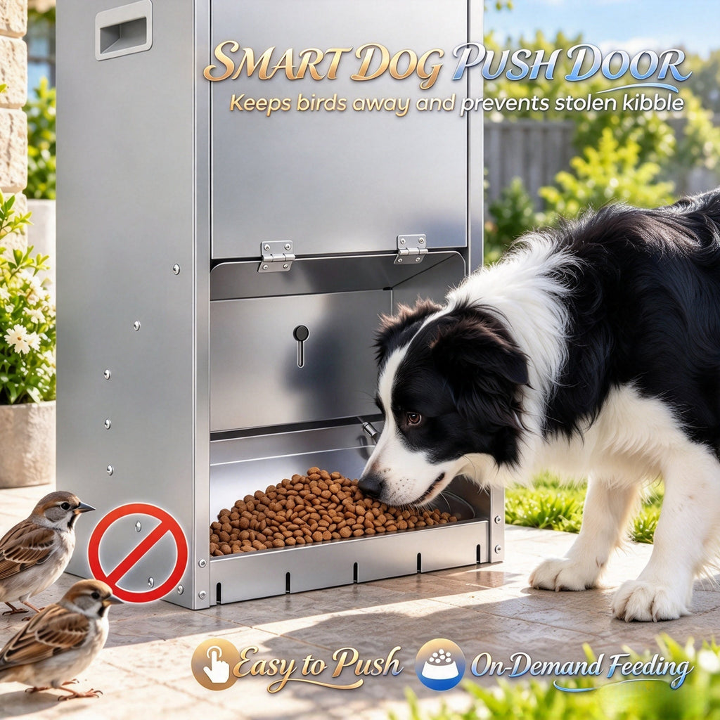 Galvanized gravity dog feeder — acrylic push door