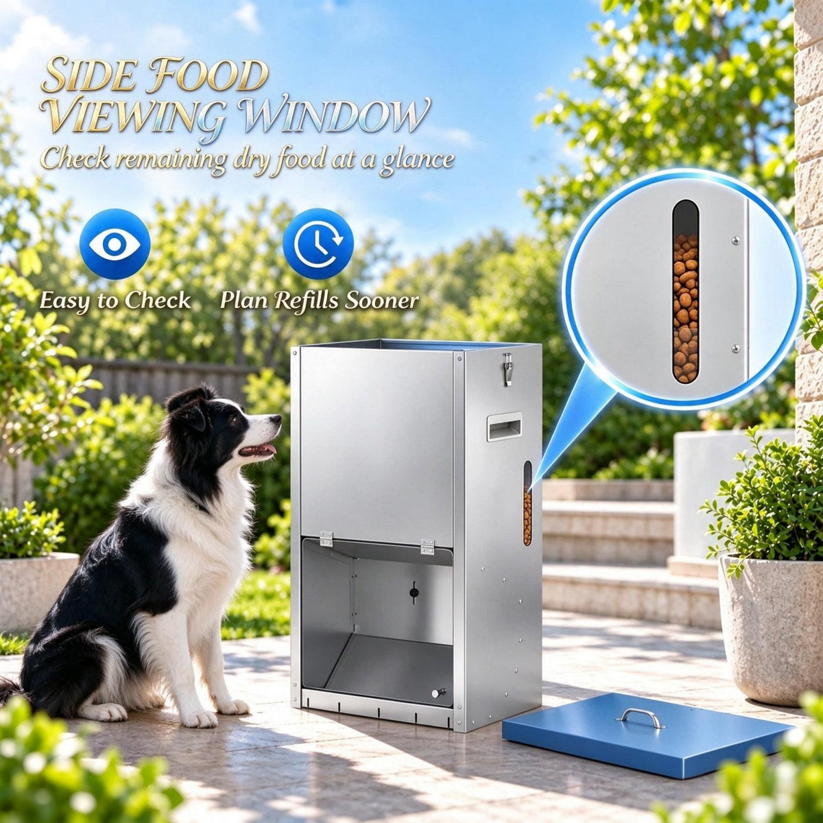 Galvanized gravity dog feeder — food level window